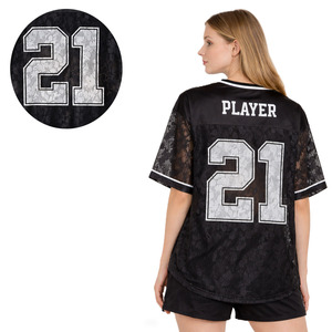 Maillot de football américain noir en dentelle pour femme, col en V, maille transparente, manches courtes, t-shirt personnalisé avec numéro, coupe oversize, haut de sport pour le jour du match - Product Image 6