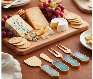 Ensemble de 3 couteaux à fromage en acier inoxydable doré avec manche en pierre marbrée bleue, spatule de service, fourchette et spatules à tartiner pour la cuisine - Product Image 6