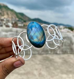 Natural Labradorite Cuff <b>Bangle</b> 925 Sterling Silver Adjustable Bracelet Handmade Gemstone Jewelry Gift For Her - Product Image 2