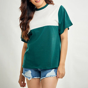 เสื้อยืดคอกลมแขนสั้นทรงหลวมสไตล์ลำลองสำหรับผู้หญิง สีเขียวขาว แบบสั่งทำขายส่ง สำหรับฤดูใบไม้ผลิและฤดูร้อน - Product Image 1
