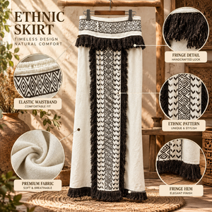 Monochrome Ethnic Maxi <b>Skirt</b> Black Fringe Trim <b>Elastic</b> <b>Waist</b> Womens Boho | Lightweight Festival Beach Resort Casual Summer Wears - Product Image 5