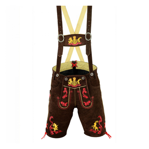 Shorts bavarois en cuir marron pour homme avec broderie rouge et jaune, taille haute, style décontracté, broderie à la main, style bermuda en laine - Product Image 2