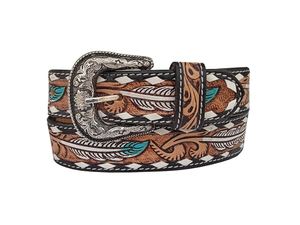 Ceinture en cuir véritable de style western, gravée d'un motif plume, boucle vintage en argent, turquoise, ceinture décontractée pour homme - Product Image 1