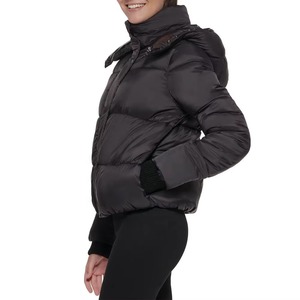 Unisex Black Puffer <b>Jacket</b> Cotton Filling Windproof Hooded Zipper Closure Casual Winter Wear Short Length <b>Slim</b> <b>Fit</b> Eco-friendly - Product Image 3