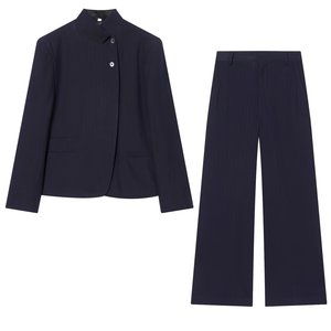 Women's Navy <b>Pinstripe</b> Blazer Set Mandarin Collar Single Button Long Sleeve Pants <b>Suit</b> Autumn Wear Anti Wrinkle Woven Fabric - Product Image 2