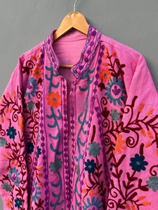 Embroidered Pink Cotton <b>Jacket</b> Kashmiri Suzani Work Boho Shrug Ethnic Winter Cardigan Women Festive Open Front Cape Floral Coat - Product Image 1