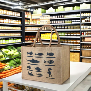 Bolsa de compras reutilizable de lona impresa personalizada, hecha de yute y algodón, adecuada para mercados y centros comerciales. - Product Image 1