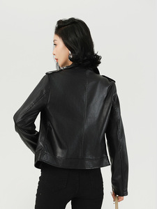 Chaqueta de Motociclista de Cuero para Mujer, Manga Larga, Cierre de Cremallera, Cuello Camisero, Color Sólido, Estilo Otoñal, Corte Corto - Product Image 2