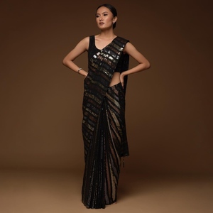 ATRACTIVE GEORGETTE SECUENCIA BORDADO HILO TRABAJO SAREE CON BLUSA DESCOSTADA NEGRO - Product Image 1