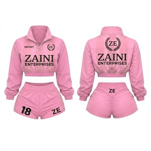 Conjunto Deportivo Corto para Mujer, Color Rosa, Chaqueta Corta y Pantalones Cortos, Ligero, Poliéster 110 GSM, Logotipo Personalizado con Serigrafía, Cintura Elástica - Product Image 1