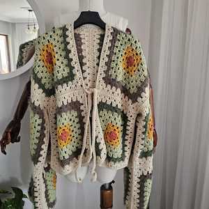 Women's <b>Crocheted</b> Patchwork <b>Cardigan</b> V Neck Batwing Sleeve Bohemian Style Autumn Wear - Product Image 5