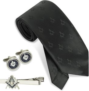 Cravate maçonnique noire classique avec boutons de manchette et pince à cravate argentés, ensemble en polyester satiné imprimé pour tenue professionnelle - Product Image 1