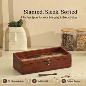 Boîte à épices en bois artisanale de qualité supérieure avec cuillère en bois |   Boîte à épices à 9 compartiments avec couvercle en acrylique et cuillère - Product Image 6