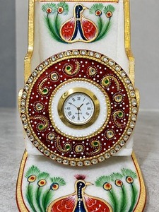 Wholesale Handcrafted Marble Chair Mobile Holder with <b>Clock</b> Royal Peacock Meenakari & Kundan Studded Table <b>Clock</b> for Home & Offi - Product Image 1