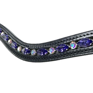 Correa en forma de onda de cuero genuino negro, banda de cuero de canal vacío para cejas de caballo con cristales AB decorativos y cadena de cristal púrpura ovalada - Product Image 2