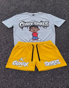 Conjunto de 2 piezas de camiseta y pantalones cortos para hombre Clovix Sports, estilo urbano, estampado personalizado, ropa informal de verano, cuello redondo, algodón, OEM - Product Image 4