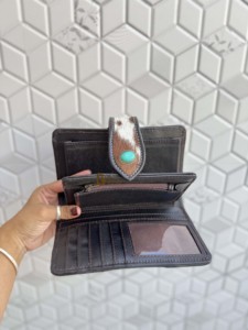 Designer Hair On Hide <b>Leather</b> Clutch Carving <b>Tooled</b> <b>Leather</b> Wallet Vintage Turquoise Colour <b>Leather</b> Credit Cards Cash Holder - Product Image 2