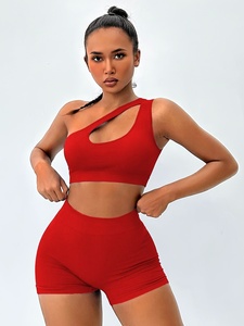 Hot Pink Ribbed <b>One</b> Shoulder Active Set for Women - Crop <b>Top</b> and High Waisted Scrunch Biker Shorts Flattering Cut Out Design - Product Image 3
