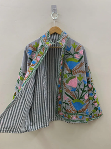 Grey Indian Suzani Embroidery <b>Velvet</b> Jacket Suzani Boho <b>Coat</b> Unisex Spring Jacket Ethnic Luxury Outerwear - Product Image 2