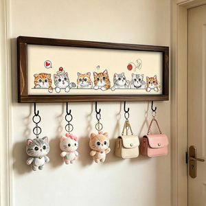 Porte-clés mural en bois motif chaton mignon avec 5 crochets métalliques – Organisateur décoratif pour entrée et décoration de chambre - Product Image 2