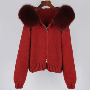 Sweat à capuche zippé en tricot pour femme avec capuche en fourrure de renard, couleur unie, manteau d'hiver à manches longues, longueur standard, vêtement d'extérieur chaud - Product Image 1