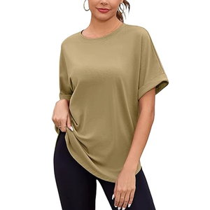 Women's Khaki Color Breathable Short Sleeve Crew Neck T-Shirts Summer Fashion Casual Style Custom Printed Canvas Logo Decoration - Product Image 2