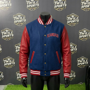 Veste universitaire Kansas pour homme, bleu et rouge, manches en cuir, broderie Sunflower State 1861, style preppy, vêtement d'automne - Product Image 3