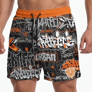 Pantalones Cortos Deportivos para Hombre con Estampado de Grafiti, Cintura Naranja, Secado Rápido, Poliéster, Estilo Urbano, para Natación, Entrenamiento, Gimnasio, Correr, Playa - Product Image 1