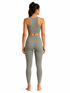 Sage <b>Green</b> Plus Size 2-Piece Yoga Set Racerback <b>Crop</b> <b>Top</b> High-Waist Full-Length Leggings Seamless Solid Color Breathable - Product Image 2