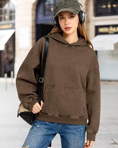 Sweat-shirt à capuche oversize marron uni en molleton bouclette avec poche, pull décontracté unisexe pour l'automne, coupe classique - Product Image 1