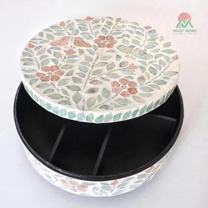 Premium handcrafted round rotating <b>box</b> featuring <b>mother</b>-of-pearl inlay and pearl accents—a luxurious home décor piece - Product Image 2