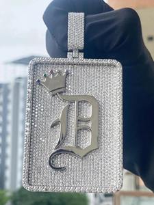 Colgante Personalizado con Iniciales Totalmente Cubierto de Diamantes, Colgante Redondo de Moissanita VVS, Colgante Cuadrado Estilo Hip Hop, Plata 925, Amuleto para Hombre - Product Image 4