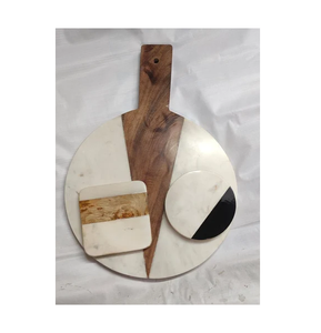 Planche à découper en marbre de forme ronde avec poignée en bois et surface en pierre à motif incrusté - Product Image 1