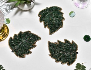 Handmade Beaded Leaf <b>Coasters</b> Set Of 3 Green <b>Gold</b> Trim Classic Bar Accessories Reusable Cocktail Trays - Product Image 5