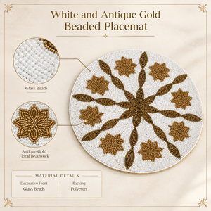 Weißes und Antik-Goldenes Glasperlen-Tischset mit Blumenmuster |   Elegante Runde Dekorative Tischmatte für Luxuriöses Speisen und Eleganz - Product Image 5