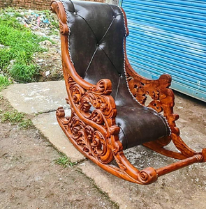 Ergonomic wooden rocking lounge chair <b>with</b> grid-tufted brown fabric padding and matching footrest <b>stool</b>, at wholesale prices. - Product Image 4