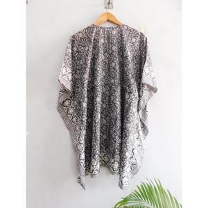 ชุดเดรสคาฟทันทรงปล่อยชายกระโปรง คอวี แขนทรงปีกค้างคาว ลายพิมพ์บล็อกผ้าฝ้าย งานแฮนด์เมด สไตล์โบโฮ หลวมๆ ใส่คลุมชุดว่ายน้ำ เหมาะสำหรับใส่ไปทะเลในฤดูร้อน - Product Image 5