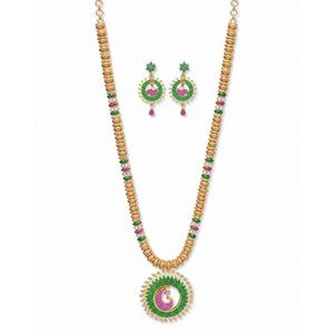 Gold Tone <b>Emerald</b> Green & Ruby Pink Peacock Pendant Necklace <b>Set</b> with Matching Earrings Chain Jewellery Women Party Occasion - Product Image 3