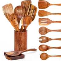 Ensemble d'ustensiles de cuisine en bambou moderne de 7 pièces, spatules et cuillères en bois écologiques avec support cylindrique décoratif