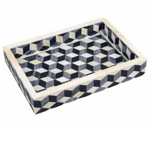 Plateau de service décoratif hexagonal fait main en os incrusté, noir et crème, 30x30cm, idéal pour le petit-déjeuner – Vente chaude - Product Image 2