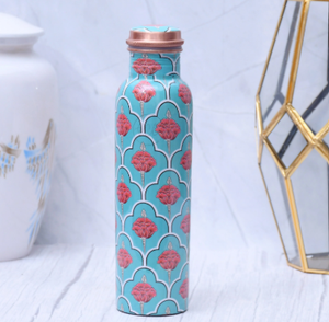 Cyan Blue <b>Pink</b> Lotus Mughal Arch Printed Pure Copper Water <b>Bottle</b> Handcrafted Botanical Patterned Copper Flask - Product Image 1