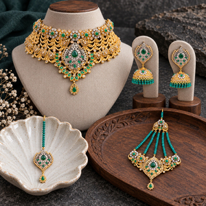 Ensemble de bijoux de mariée vert (collier ras-du-cou, jhumka, tikka, pasa) pour la vente en gros et la fabrication en vrac - Product Image 5
