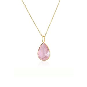 luxury pink quartz rose cut stone pendant handcrafted brass metal chain necklace 18k gold pated bezel setting crystal jewelry - Product Image 1