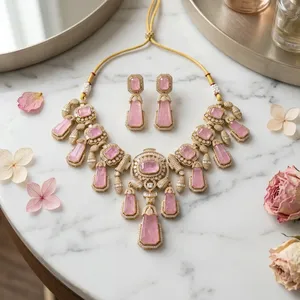 Ensemble de collier en pierre rose de luxe plaqué or avec zircone cubique, bijoux de mariage pour femmes avec boucles d'oreilles assorties - Product Image 5
