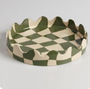 <b>Ceramic</b> <b>Plate</b> With Strawberry Pattern Handpainted Flat Dish Cute Design Green Checkered Background - Product Image 5