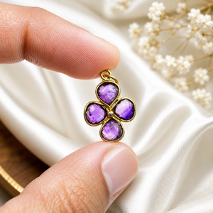 <b>Amethyst</b> Birthstone Clover Charm, 6mm Faceted Stone, 18K Gold-Plated Brass Pendant for Necklaces & <b>Bracelets</b> - Product Image 1