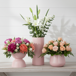 Juego de 3 Jarrones Modernos de Aluminio de Lujo, Color Rosa Mate, Geométricos, Ecológicos, Decorativos para Escritorio, Bodas y Hogar - Product Image 1