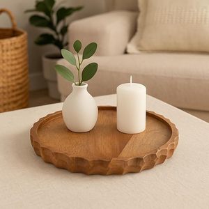 Plateau de service décoratif en bois scandinave à motif végétal, bord festonné rond, plateau de présentation pour salon, table à manger - Product Image 1