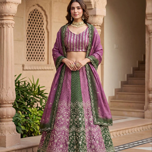 Latest Women Wear Chinon <b>Material</b> <b>Sequins</b> Embroidery Work Heavy Lehenga Choli with Chinon Silk Dupatta Set for Wedding Wear - Product Image 1