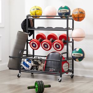 Organizzatore Metallico a 4 Livelli con Ruote per Attrezzature Sportive, Tappetini Yoga, Palloni Grandi, Panche e Scaffali - Product Image 1